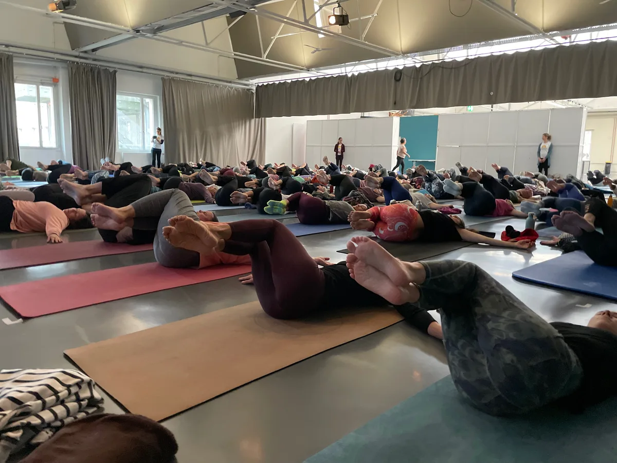 Menschen, die auf Yogamatten eine Turnübung machen.